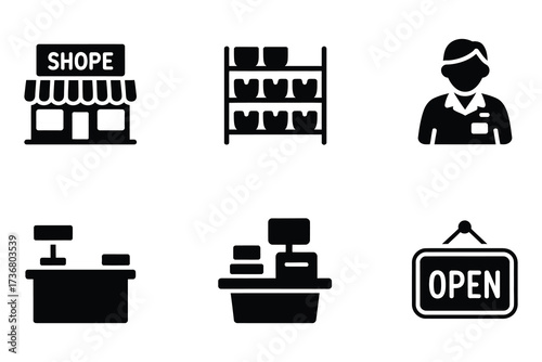 Set of retail store icons including shopfront cashier shelves employee and open sign