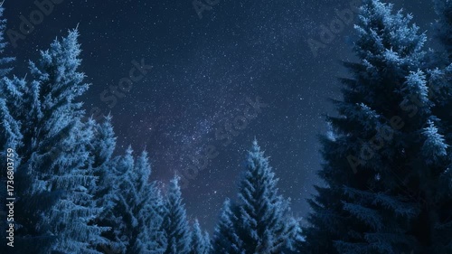 Enchanting winter forest scene with snow laden pine trees under sparkling starry night sky, evoking sense calm, wonder, tranquility in heart nature during cold, peaceful winter evening