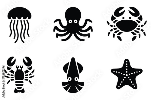 Set of six silhouette icons featuring diverse marine life and ocean creatures