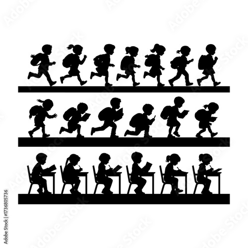 Silhouettes of people or children reading books, Isolated diverse kids with backpacks walking to school, women and children, education concept, learning, knowledge, library scene, study time