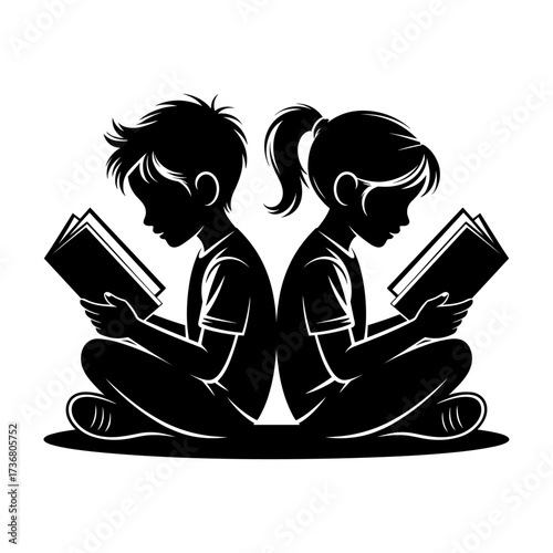 Silhouettes of people or children reading books, Isolated diverse kids with backpacks walking to school, women and children, education concept, learning, knowledge, library scene, study time