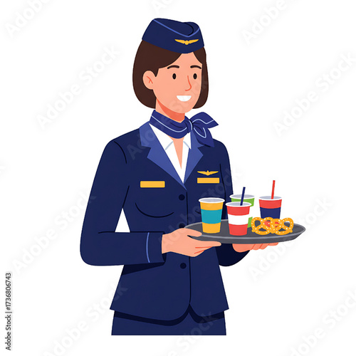 Smiling flight attendant serving drinks and snacks on a tray in uniform illustration