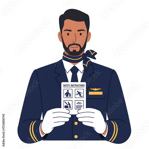Airline pilot holding safety instructions, travel, flight attendant, airplane safety