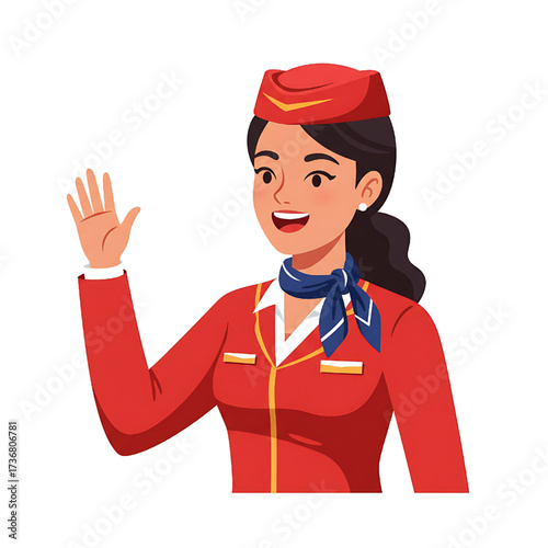 Smiling air hostess waving, flight attendant in red uniform, travel concept