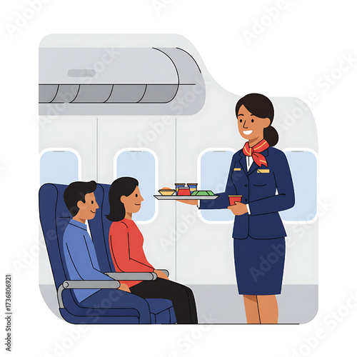 Flight attendant serving food to passengers on an airplane travel concept illustration