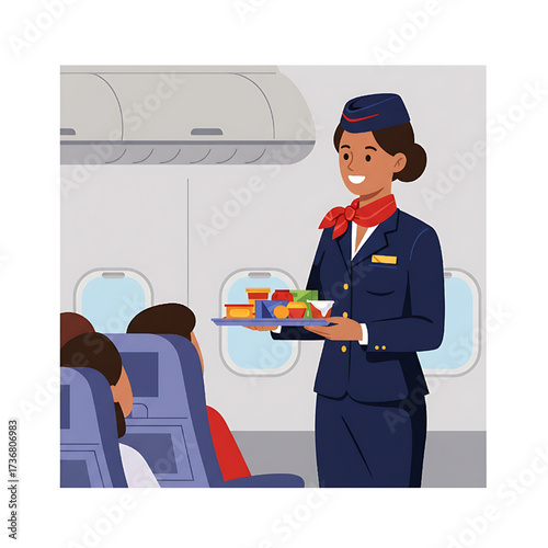 Smiling flight attendant serving food on an airplane, travel and hospitality concept.