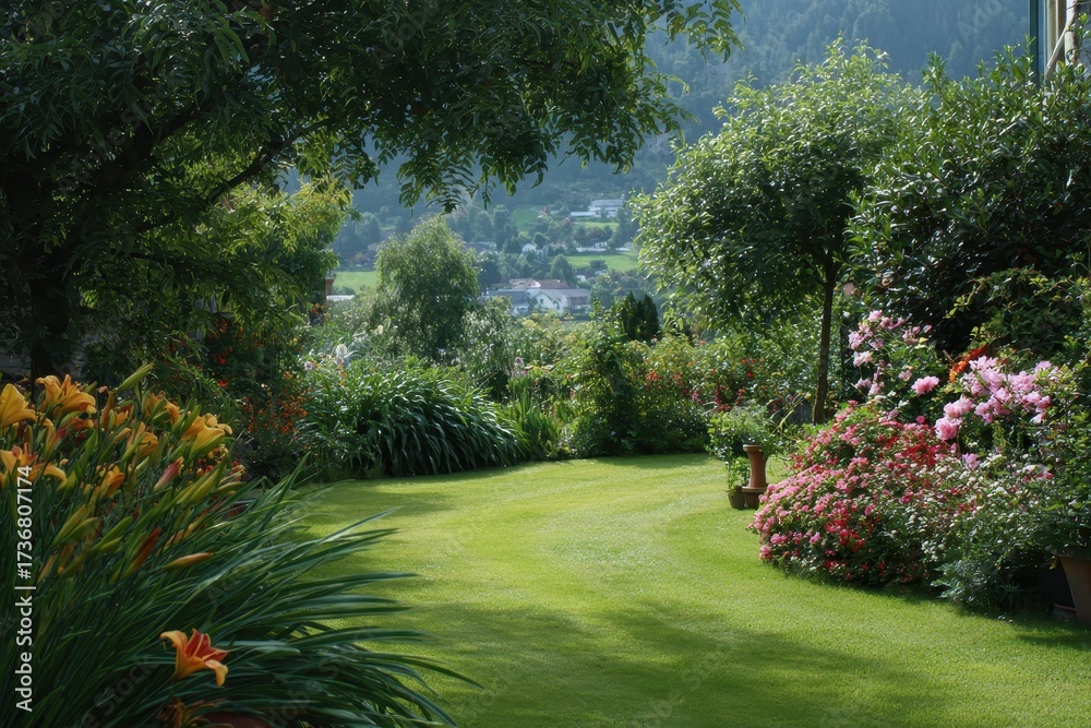 Obraz premium Serene garden view showcases lush green lawn and vibrant flowerbeds in a picturesque landscape