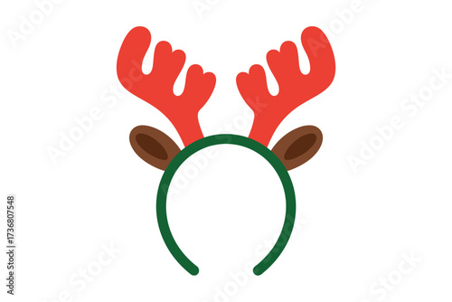 A festive reindeer headband with red antlers and brown ears on a green band against white background