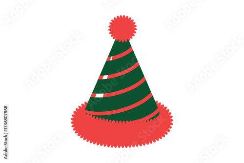 A festive green party hat with red stripes and a red pompom isolated on a white background
