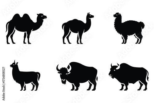 Collection of six animal silhouettes featuring camels llama bison and yak for diverse design needs
