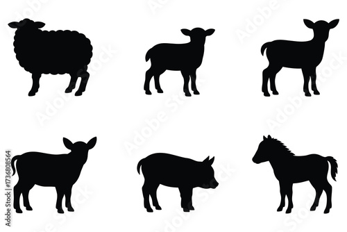 Collection of farm animal silhouettes including sheep lamb pig horse deer for livestock farming and rural scenes