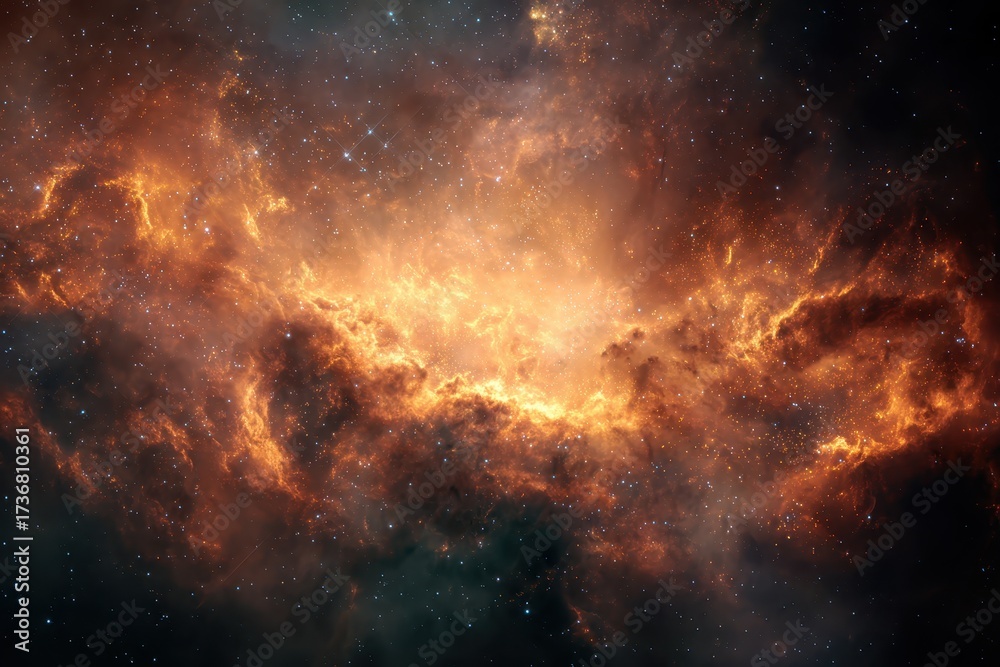 Fototapeta premium Cosmic nebula displays a fiery spectacle of gold and dark in the vast universe, evoking wonder and awe of stellar formations and cosmic phenomena