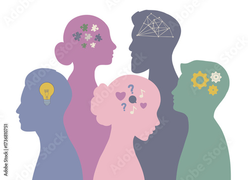 Group of silhouettes people with different ideas and thoughts in heads. Concept of business , insight, reflection, communication