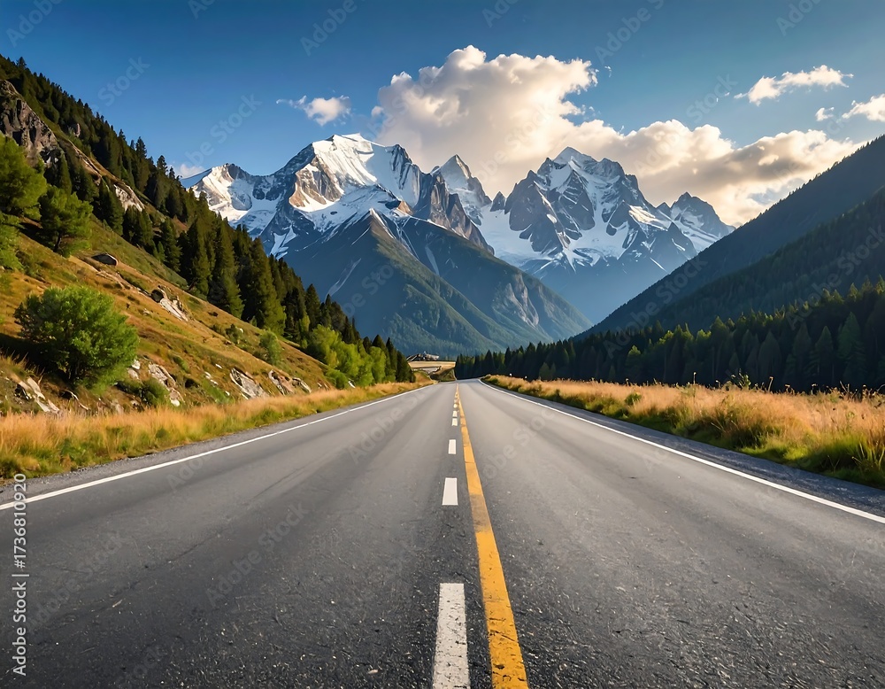 Fototapeta premium A paved road winds through a valley nestled amongst tall mountains, blanketed in snow, under a vibrant blue sky.