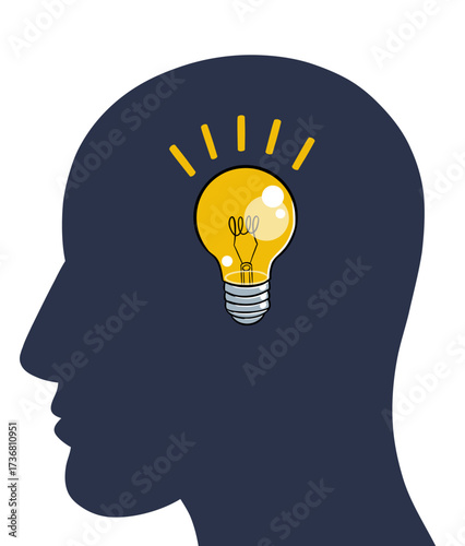 Silhouette of man head with idea lamp thought vector