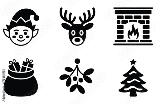 Collection of festive christmas icons including elf reindeer fireplace gift bag mistletoe and tree