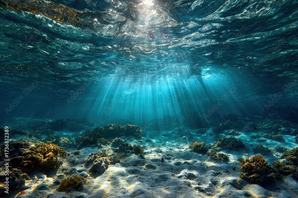 Fototapeta premium Sunbeams penetrate crystal clear water illuminating a vibrant reef ecosystem from the seabed during a bright day