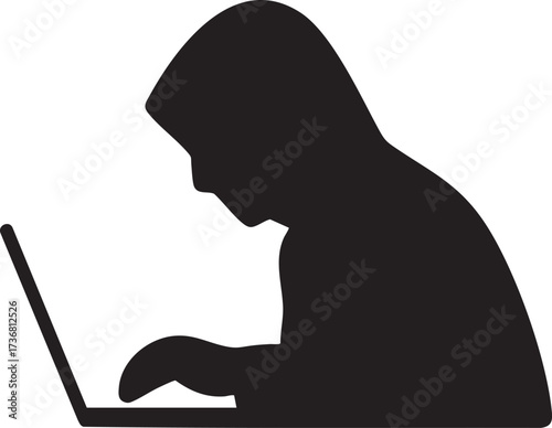 Hacker Laptop Silhouettes - Anonymous Hooded Figure Working on Computer Icon Vector
