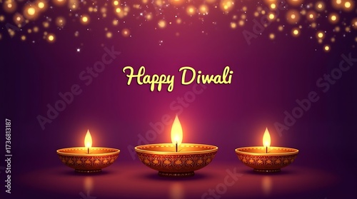 Three lit diyas glowing brightly on a purple background with bokeh lights