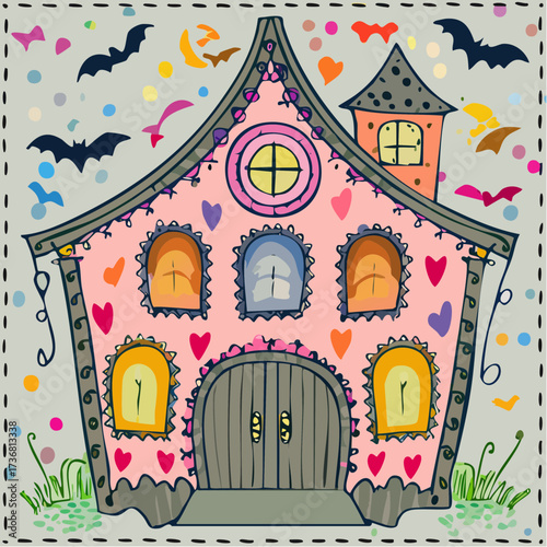  victorian patchwork haunted house quilted vector for halloween wrap posters and signage