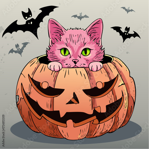 pink kitten in pumpkin ink wash vector for charming cards and boutique wrap