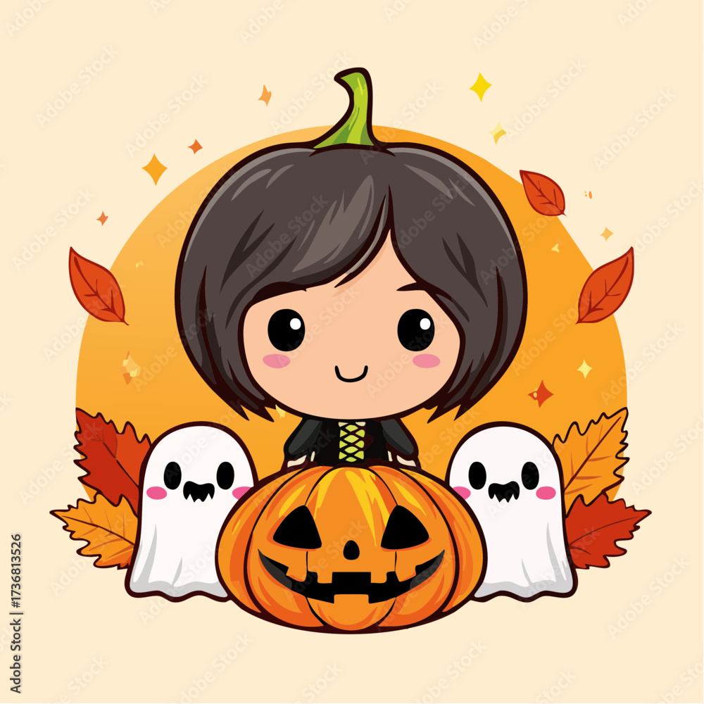 Fototapeta premium chibi pumpkin princess and ghost companions sticker-and-wrap vector set for kids’ gifts