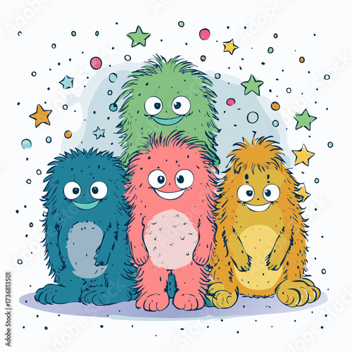 pastel shaggy monsters watercolor-vector set for playful cards and stickers