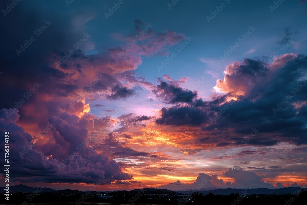 Naklejka premium Dramatic dusk sky displaying vibrant colors and bold cloud formations during the evening