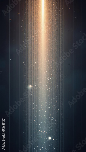 Golden light beam shining through vertical lines and particles on dark background