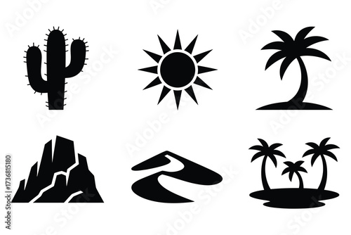 Desert and tropical island silhouettes cactus sun palm trees mountains dunes