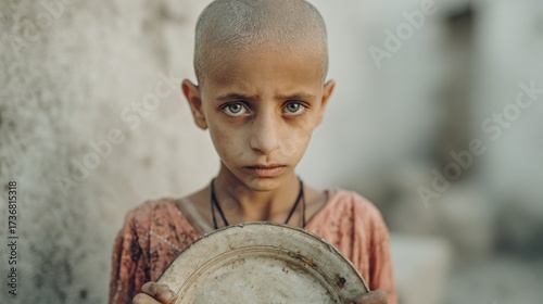 A thin bald child with intense eyes holds an empty plate, wearing a simple shirt, symbolizing hunger and extreme poverty in a powerful portrait.