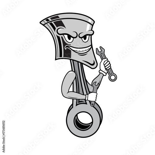 Cartoon Piston Mascot Holding Wrench