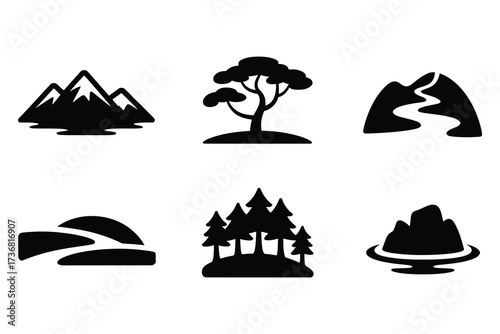 Set of silhouette icons representing nature scenery mountains trees river hills landscape elements