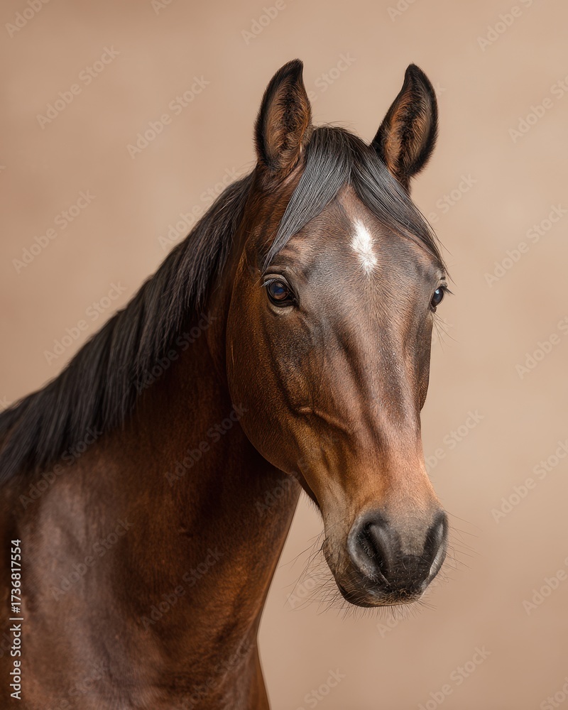Fototapeta premium Elegant Portrait of a Dark Brown Horse with a White Star on Forehead