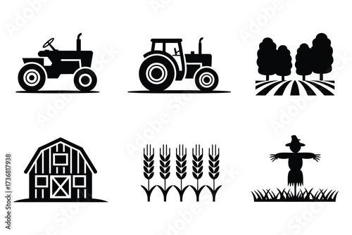 Farm icons silhouette set tractor barn field wheat scarecrow agriculture collection simple graphics