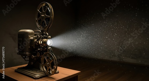 Nostalgic glow: a vintage film projector casting cinematic light in the dark room