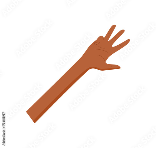 Cartoon hand gesture with palm showing number four. Bare brown human arm with fingers up and a flat style design. Suitable for counting, education, or preschool learning visuals.