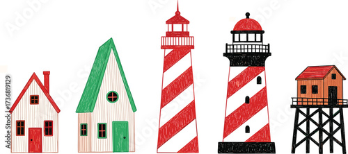 Collection of whimsical lighthouses and houses in a charming, hand-drawn illustration style