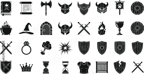 Comprehensive collection of medieval fantasy game elements, including weapons, armor, shields, and magical items, presented as black silhouettes for design projects and role-playing game assets