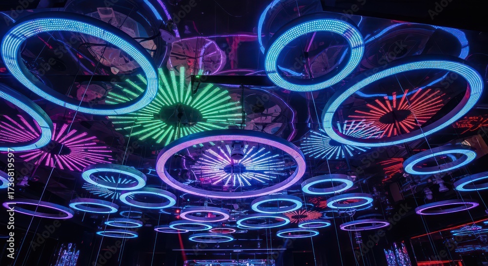 Fototapeta premium Vibrant circular led light structures creating a kaleidoscopic futuristic scene abstract ambiance