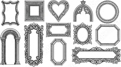 A curated collection of intricately designed vintage frames, showcasing classic baroque and gothic styles in a detailed vector illustration