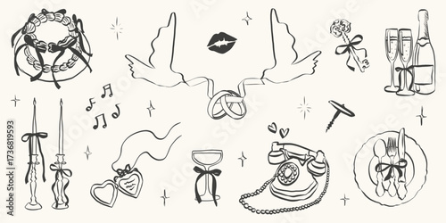 Hand drawn coquette wedding elements. Vintage cute symbols with ribbon and bow in simple crayon sketch style. Trendy art for Valentine day and bachelorette invitations. Aesthetic vector illustration