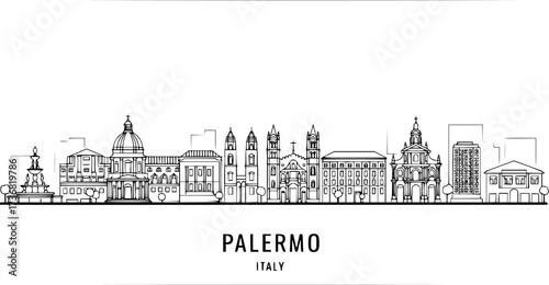 set of Palermo Skyline Line Art with Italy, and Minimal.
