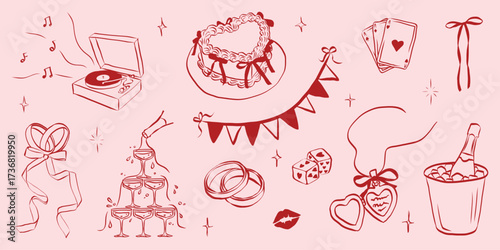 Hand drawn coquette wedding elements. Vintage cute symbols with ribbon and bow in simple crayon sketch style. Trendy art for Valentine day and bachelorette invitations. Doodle vector illustration