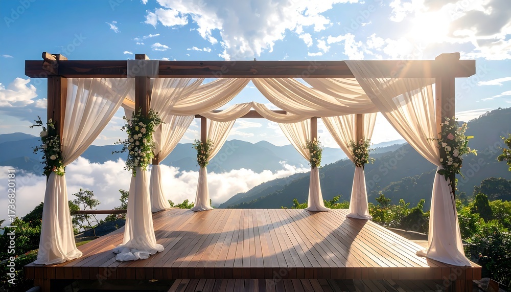 Fototapeta premium Outdoor Pergola with Fabric and Flowers Overlooking Mountain Scenery
