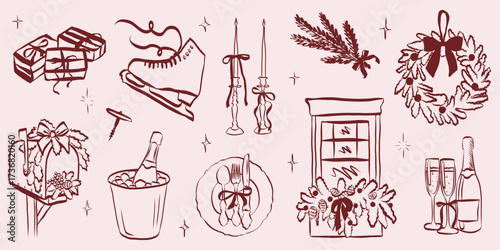 Whimsical chalk doodles of Christmas party. Quirky icons of breakfast and dinner meals in crayon style. Crayon drawing for menus and invitations. Handwriting coquette vector illustration