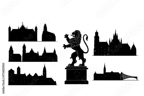 set of Braunschweig Skyline Lion with Building, and Cityscape.
