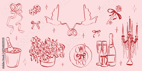Hand drawn coquette wedding elements. Vintage cute symbols with ribbon and bow in simple crayon sketch style. Trendy art for Valentine day and bachelorette invitations. Doodle vector illustration