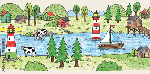 Idyllic Seaside Village Lighthouses, Cows & Sailboat Illustration