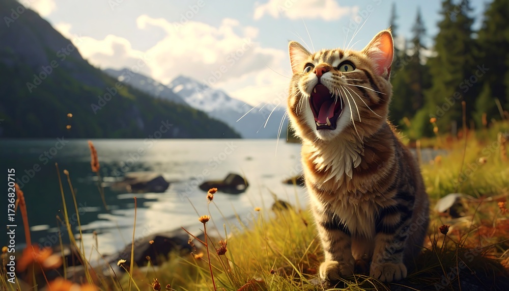 Obraz premium A majestic tabby cat, mouth agape, gazes upwards at a scenic lake nestled amidst towering mountains under a radiant, natural sunlight.